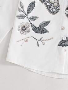 SHEIN 女童白色襯衫 | 蝴蝶花卉印花 | 寬鬆飄逸 - 白色 - 查看 5