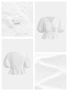 Maija 白色花朵刺繡V領收腰女款襯衫，休閒浪漫優雅風，適合度假、鄉村節慶、海灘早午餐，夏季百搭 - 白色 - 查看 9