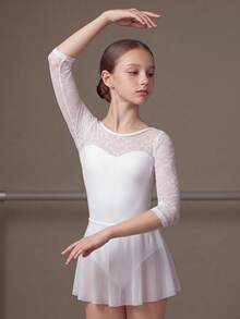SHEIN Tween Girls Clothes Elegant Sweet Lace Patchwork Versatile Sporty, Cute, School, Back To School - White - View 5