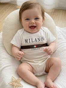 SHEIN Baby Boy Letter & Stripe Print Contrast Color Round Neck Short Sleeve Romper - Multicolor - View 5