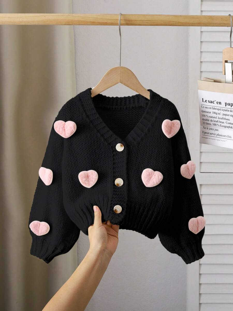 SHEIN Genkimix Kids 女童米色時尚休閒可愛舒適柔軟極簡百搭優雅 3D愛心燈籠袖長袖上衣,適合秋冬 - 黑色 - 查看 1