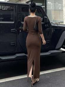 DAZY Women's Elegant Commute Slim Fit Long Dress Summer - Brown - View 5