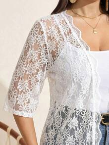 SHEIN LUNE 大尺碼女款度假法式時尚蕾絲拼接薄款開襟外套 - 白色 - 查看 9