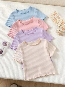 SHEIN 4件組少女夏季可愛純色荷葉邊下擺短袖上衣，夏季上衣，背心上衣 - 彩色 - 查看 2