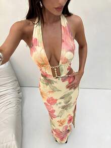 Aloruh 女款花卉印花露背掛脖洋裝，適合海灘度假 - 彩色 - 查看 9