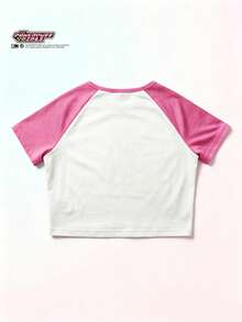 Maija Kids THE POWERPUFF GIRLS X SHEIN Maija Kids 兒童 1 件大童女孩休閒 Y2K 卡通圖案極簡短袖高腰 T-shirt，適合夏季返校校園穿搭，白色 - 彩色 - 查看 3
