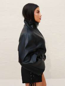 Maju Mazalli High Neck Cinched Waist Zip Front Faux Leather Jacket Cropped Jacket Fashion Streetwear Black - Black - View 4