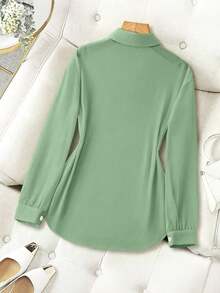 Franclia Camisa básica de unicolor transparente con cuello vuelto minimalista - Verde - Ver 2