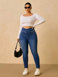 SHEIN Tall CURVE Tall CURVE 大码女士交叉腰高腰弹力紧身牛仔裤，休闲日常夏季女裤 - 藍色 - 查看 4
