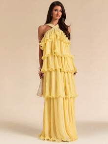 SHEIN BAE Gaun Panjang Lebar Berlapis-lapis Berlipit dengan Leher Halter dan Punggung Terbuka Warna Kuning Polos untuk Musim Semi/Panas, Gaun Elegan - Kuning muda - View 3