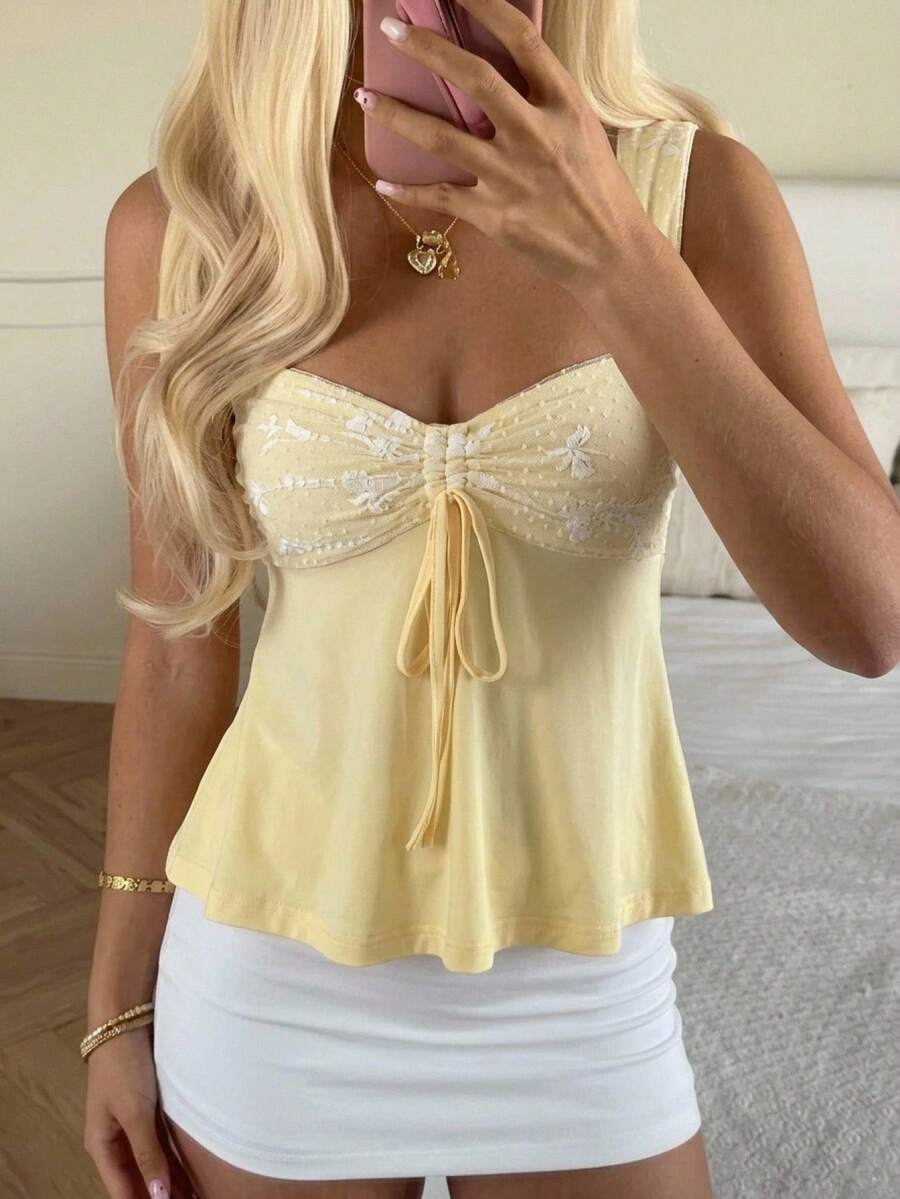 CovetEZ 女款蕾絲繫帶百褶休閒百搭日常外出上衣 - 黃色 - 查看 1