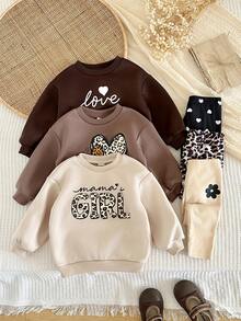 SHEIN Baby Girl 6pcs Knit Solid Color Leopard Print Letter Pattern Crew Neck Sweatshirt & Long Autumn Pants Set, Fleece Lined Thick , Suitable For Winter - Multicolor - View 3