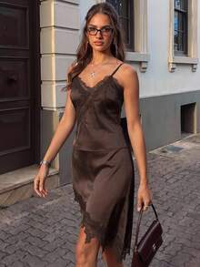 SHEIN Women's Solid Color Satin Lace Trim Asymmetrical Design Camisole Top, Skirt, Dark Brown Set, 2pcs Set, Commuter Set, Summer, Night Out Date Night Sexy - Brown - View 6