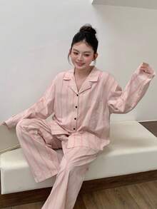 Dazy Plus Striped Colorblock Loose Short Sleeve Top & Long Pants Loungewear Set, Pink, Spring/Summer/Autumn, Plus Size Women's Pajama Set - Pink - View 7