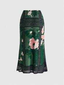 ROMWE 夏季新款中式風格碎花印花網紗裙 - 綠色 - 查看 2