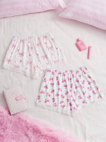 SweetSlumber 2 Peças Shorts Femininos com Estampa de Cereja e Laço, Barra Dividida, Doce e Fofo - Multicolorido - Visão 6