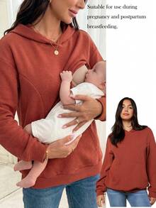 SHEIN 孕妇垂肩袋鼠口袋长袖哺乳连帽衫 - 鏽棕色 - 查看 1