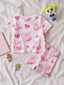 THE POWERPUFF GIRLS X SHEIN 女嬰卡通印花圓領T恤與休閒短褲套裝 - 粉色 - 查看 2