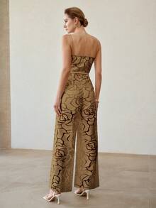 MOTF PREMIUM SUMMER ARTISTIC ROSE TEXTURE CAMISOLE JUMPSUIT, ELEGANT WAIST-CINCHING SLIMMING HIGH-END DESIGN FOR WOMEN - Khaki - View 2