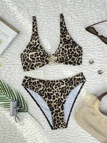 Fembélia Set Baju Renang Tankini Wanita Model Terbaru Motif Leopard dengan Tali Tebal dan Dekorasi Logam di Bagian Belakang. - MultiWarna - View 3