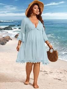 Swim Lushoire V-Neck Lace Patchwork Flare Sleeve Plus Size Cover Up - Blue - View 4