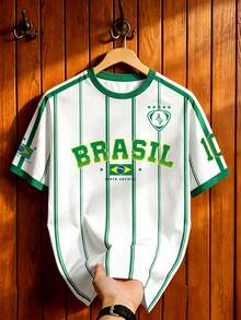 Aesthetic Post Men's Brazil Flag Graphic Short Sleeve Jersey, Number 10 Printed Fan Casual Tee, Ideal For Game Watch Parties, Weekend Strolls, Holiday - Multicolor - View 4