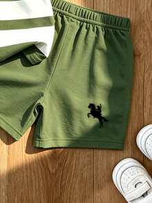 SHEIN Playful Pals 2pcs/Set Young Boy Casual Minimalist Striped Logo Print Tank Top And Logo Print Shorts, Suitable For Summer Outings - Multicolor - View 6