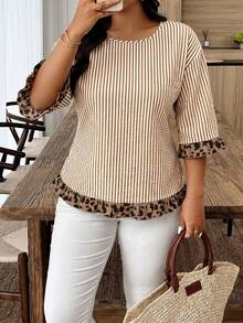 Weeklong Plus Size Women's Spring/Summer Leopard Print & Striped Colorblock Mid-Sleeve Ruffle Hem Casual Vacation Shirt Fall - Multicolor - View 3