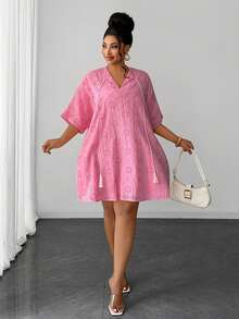 Maweii Plus Size Vacation Casual Goth Light Pink Hollow Embroidery Dress Autumn Concert - Pink - View 5