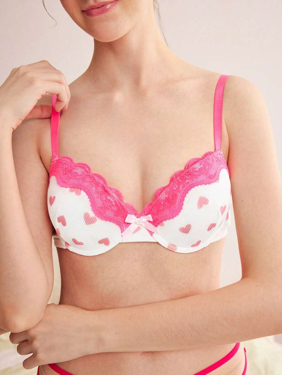 Eraneu Sujetador con aros de moda y lindo con contraste de corazón rosa & blanco 1 pieza - Blanco - Ver 1