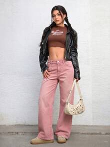 SHEIN ICON Casual Washed Straight Leg Denim Jeans - Pink - View 6
