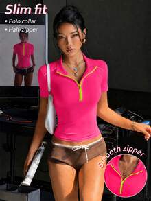 SHEIN Sovereign Charm Spring/Summer Women's Sports Sweatshirt, Pink Fitted Color-Block Half-Zip Stand Collar, Front Color-Block Webbing Patchwork, Slim Fit Split Line Short Sleeve, Style Suitable For Fashion Casual, Running, Yoga, Gym, Tennis, Golf - Hot Pink - View 3
