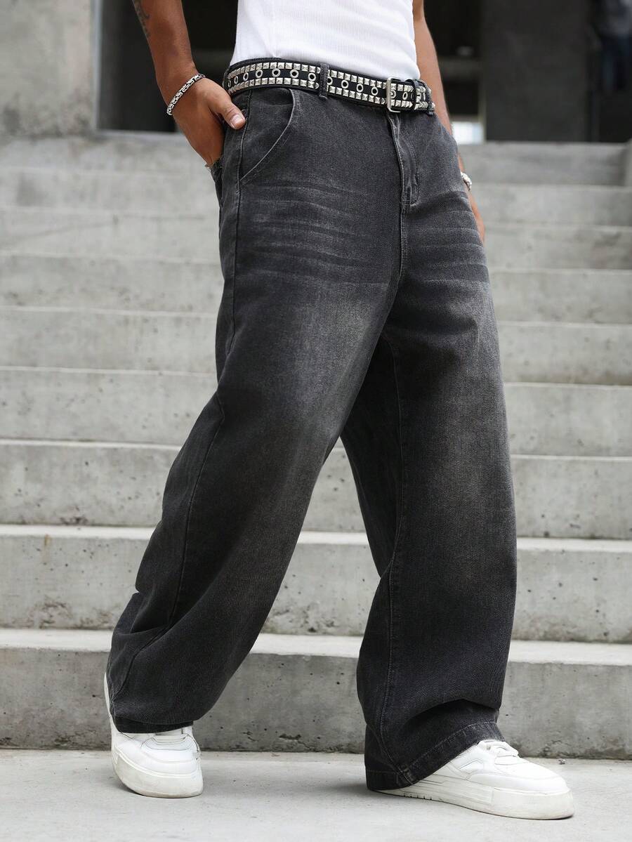Manfinity EMRG Men's Casual Washed Straight Leg Jeans - Black - View 1