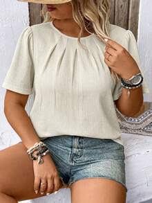 Momelise Blusa casual de mujer de talla grande lisa y sencilla de manga corta y cuello redondo para uso diario - Albaricoque - Ver 3