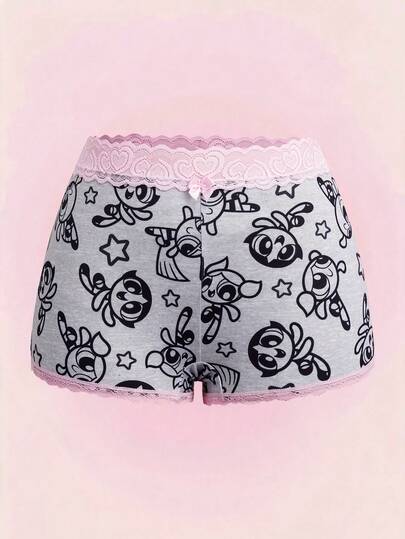 THE POWERPUFF GIRLS X SHEIN Culotte courte pour fille avec imprimé patchwork cœur et dentelle