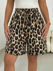 Shapeblank Casual Vacation Retro Leopard Print Plus Size Women's Ruffle Waist Bow Tie Shorts, Suitable For Summer - Multicolor - View 6