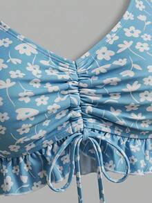 Sweetra 2pcs/Set Women's Light Blue Floral Bikini Set,Cute Summer Beach Holiday Swimwear,Boho Ditsy Floral Top And Skirt Set,Vacation Outfits Two Piece Set - Green - View 3