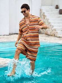 Mercer Haus Men's Orange Vacation Style Half-Placket Short Sleeve Shirt And Shorts Set - Multicolor - View 7