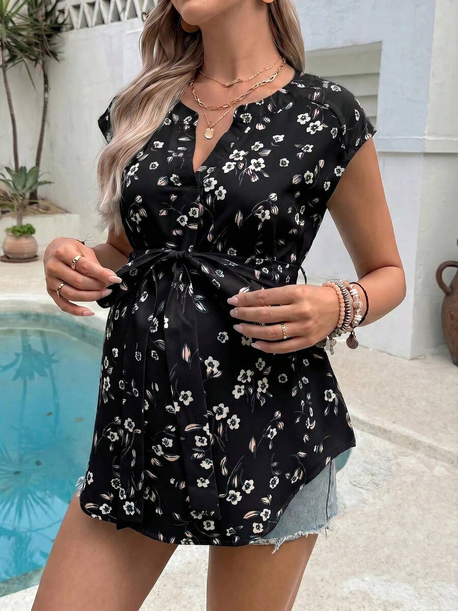 SHEIN 2025新款孕婦上衣 夏季全身印花梭織時尚襯衫 度假風 - 黑色 - 查看 1