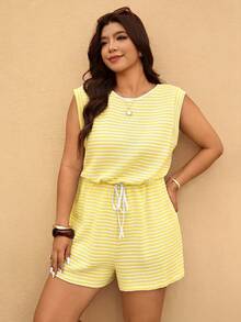 Elaquor Plus Size Minimalist Versatile Textured Waist-Cinching Tie-Front Romper - Light Yellow - View 1