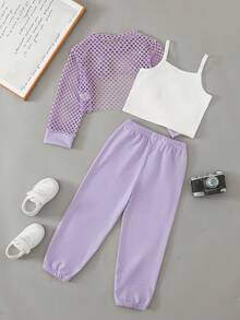 SHEIN 女童 3 件套 透氣網布上衣、白色字母印花背心與長款運動長褲，休閒時尚運動風，秋冬款 - 紫色 - 查看 2