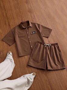SWAVVY Men's Summer Fashion Shirt And Shorts Set - Camel - View 2