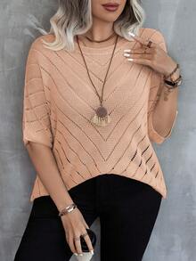 Linhara Plus Size Women Solid Color Casual Versatile Daily Wear Knit Top - Apricot - View 3