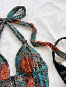 Soleia Women's Halter Tie All-Over Print Sexy Boho Versatile Casual Daily Vacation Beach Teal Summer Gold Girly Holiday Night Music Festival,No Chest Padding - Multicolor - View 4