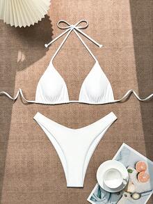Swim Basics Women's Solid Color Halter Neck Tie Sexy Bikini Set For Summer Beach - White - View 5
