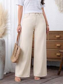 EMERY ROSE Plus Size Women's Loose Casual Denim Wide Leg Pants With Pockets - Beige - View 4