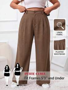 SHEIN PETITE CURVE 大码纯色褶裥腰带宽松西装裤 - 棕色 - 查看 3