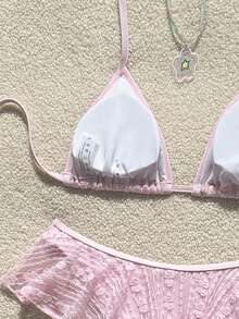 Swim Mod 2pcs Solid Color Minimalist Sexy Spaghetti Strap Halter Triangle Bikini Top And Wavy Edge Triangle Bikini Bottom Set - Pink - View 6