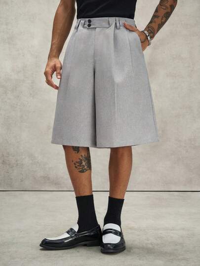 PAVTROS Men's Grey Shorts, Loose Casual, Pleated Design, Fashion Versatile