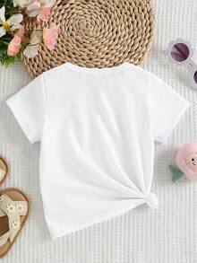 Elladie kids 春、夏、秋季：時尚創意清新簡約粉紫色蝴蝶結印花女童基本款短袖T恤 - 舒適日常穿著 - 白色 - 查看 2